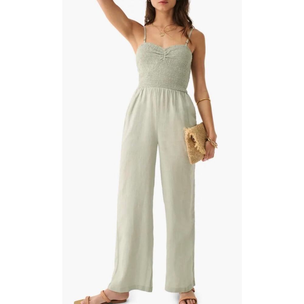 Faherty Mandy Smocked Linen Jumpsuit In Desert Sage Medium Beachy Resortwear